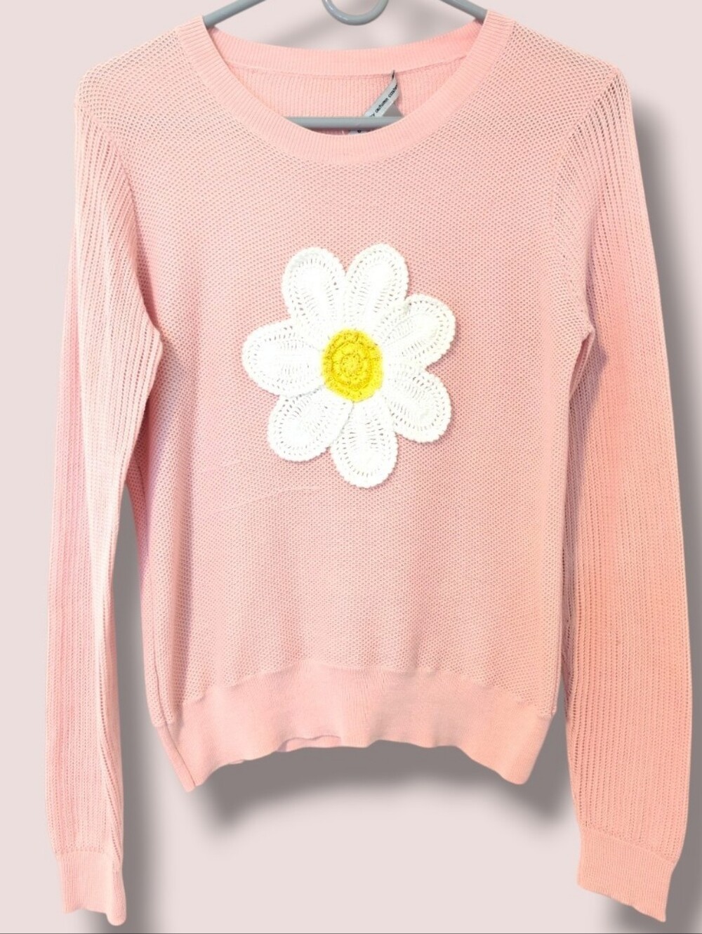 Autumn Cashmere Pastel Pink 100% Cotton Daisy Applique Embroidered Sweater